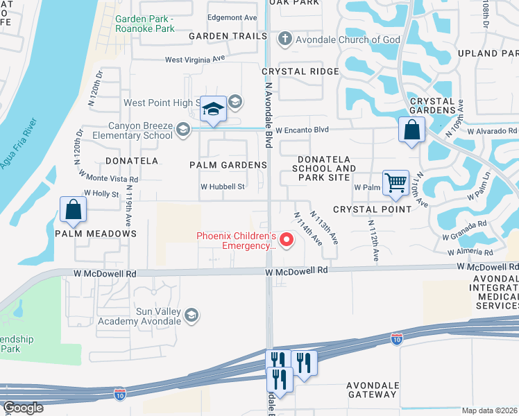 map of restaurants, bars, coffee shops, grocery stores, and more near 11422 West Palm Lane in Avondale