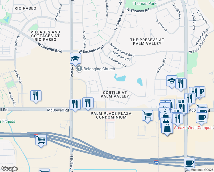 map of restaurants, bars, coffee shops, grocery stores, and more near 14482 West Coronado Road in Goodyear