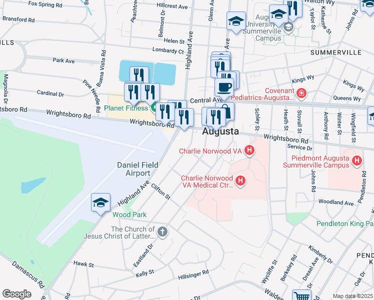 map of restaurants, bars, coffee shops, grocery stores, and more near 1820 Ohio Avenue in Augusta