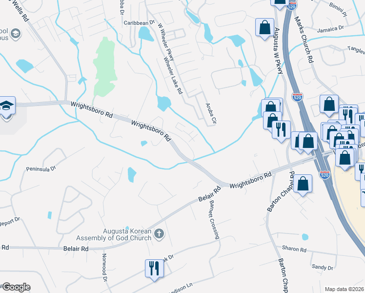 map of restaurants, bars, coffee shops, grocery stores, and more near 3641 Wrightsboro Road in Augusta