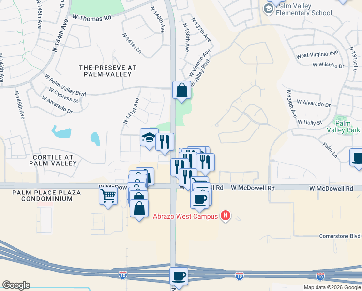 map of restaurants, bars, coffee shops, grocery stores, and more near 1891 North Litchfield Road in Goodyear