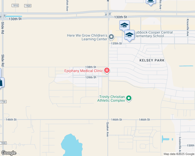 map of restaurants, bars, coffee shops, grocery stores, and more near 14002 Quaker Avenue in Lubbock