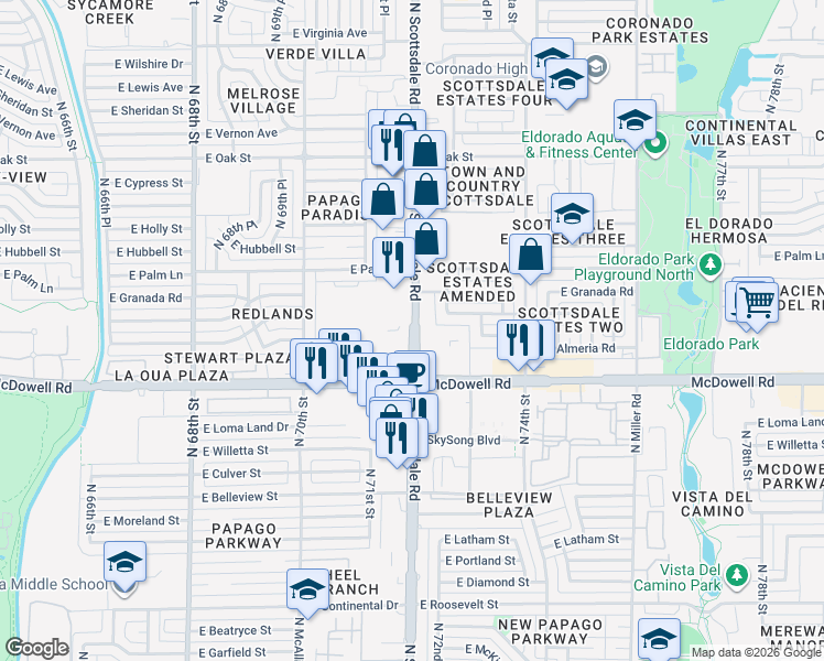 map of restaurants, bars, coffee shops, grocery stores, and more near 1800 North Scottsdale Road in Scottsdale
