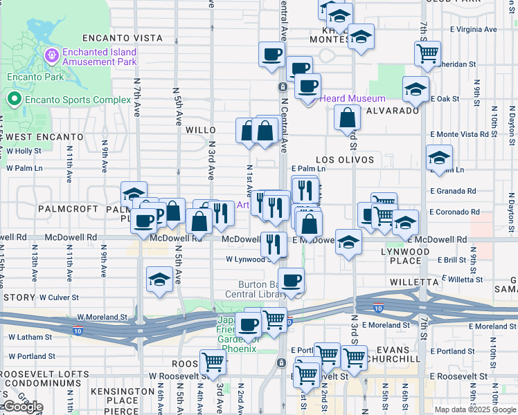 map of restaurants, bars, coffee shops, grocery stores, and more near 1719 North 1st Avenue in Phoenix