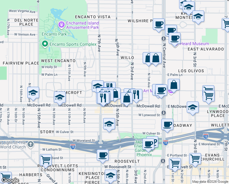 map of restaurants, bars, coffee shops, grocery stores, and more near 334 West Coronado Road in Phoenix