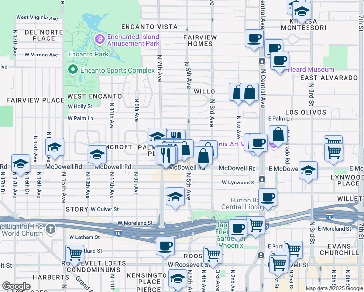map of restaurants, bars, coffee shops, grocery stores, and more near 522 West Coronado Road in Phoenix