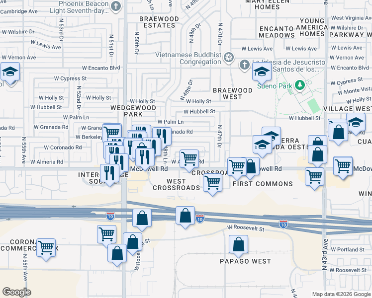 map of restaurants, bars, coffee shops, grocery stores, and more near 4842 West Berkeley Road in Phoenix