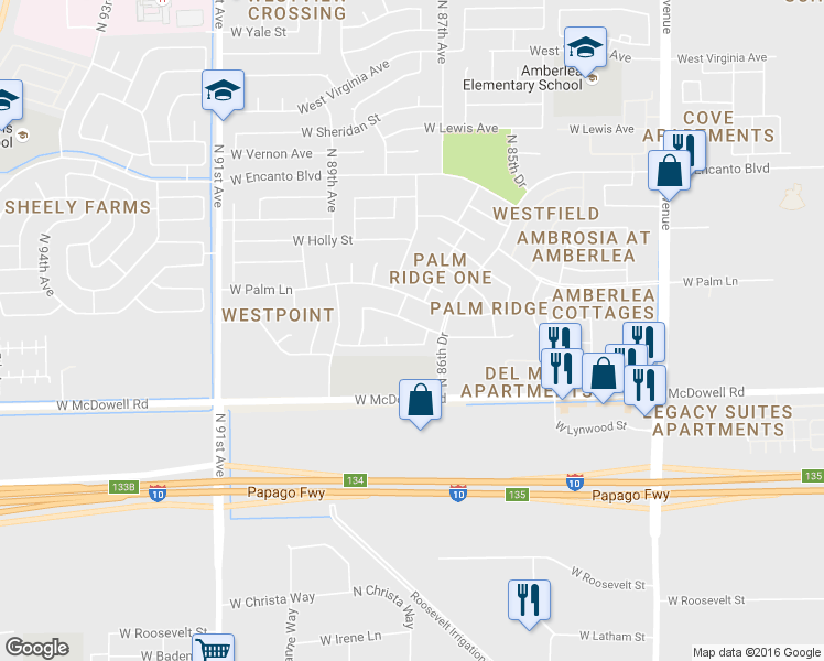 map of restaurants, bars, coffee shops, grocery stores, and more near 8714 West Granada Road in Phoenix