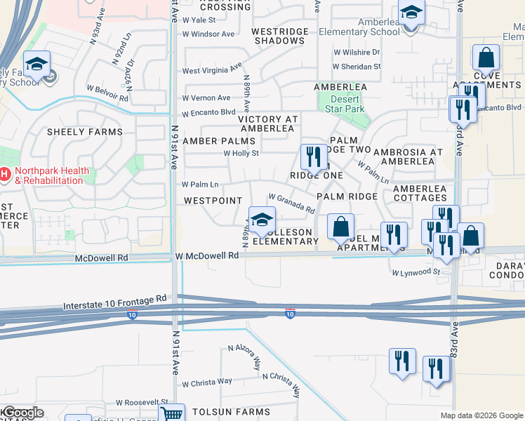 map of restaurants, bars, coffee shops, grocery stores, and more near 1829 North 88th Avenue in Phoenix