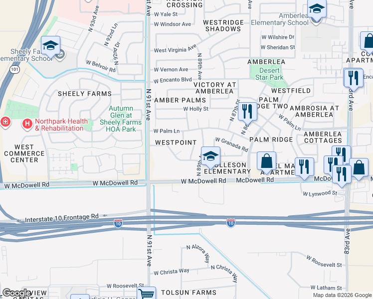 map of restaurants, bars, coffee shops, grocery stores, and more near 9007 West Granada Road in Phoenix