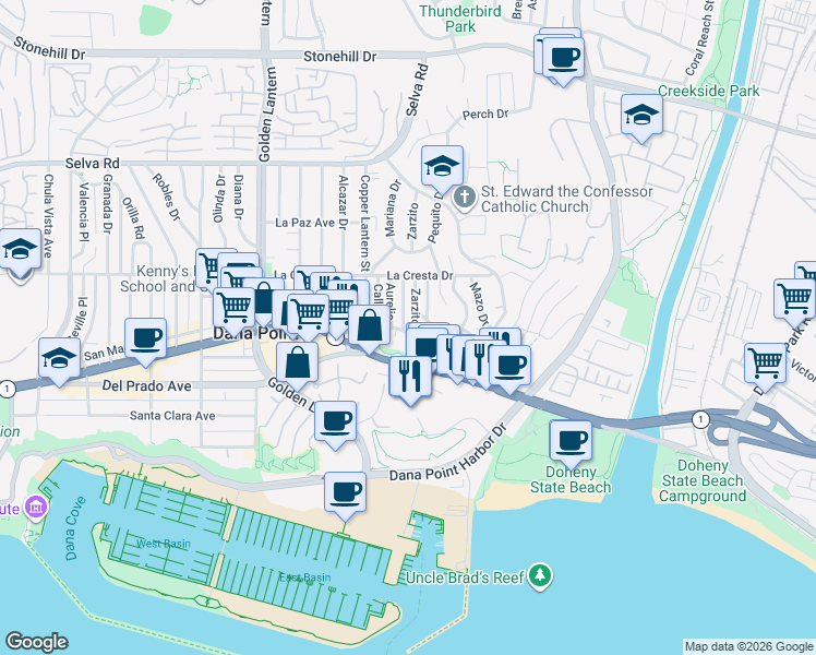 map of restaurants, bars, coffee shops, grocery stores, and more near 34071 El Contento in Dana Point