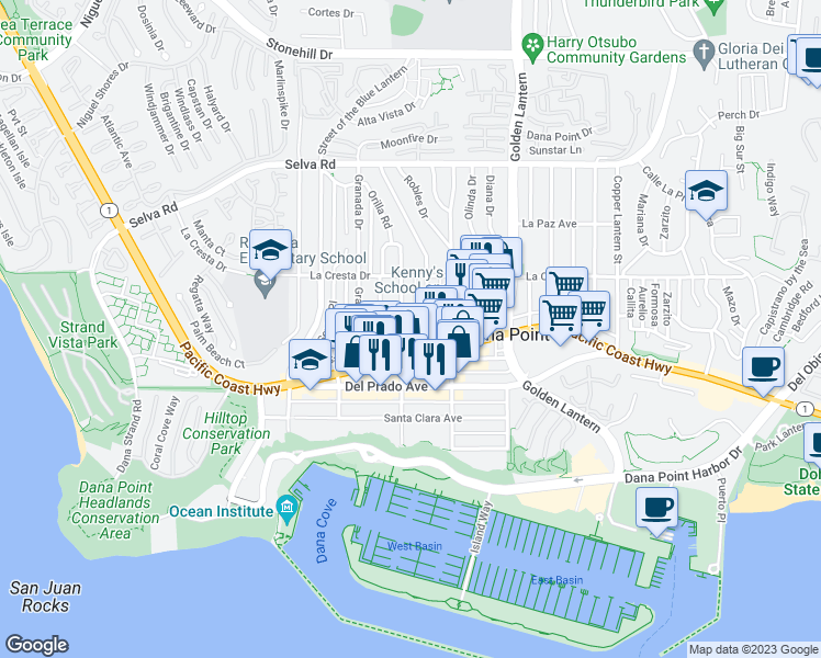 map of restaurants, bars, coffee shops, grocery stores, and more near 34072 Street of the Amber Lantern in Dana Point