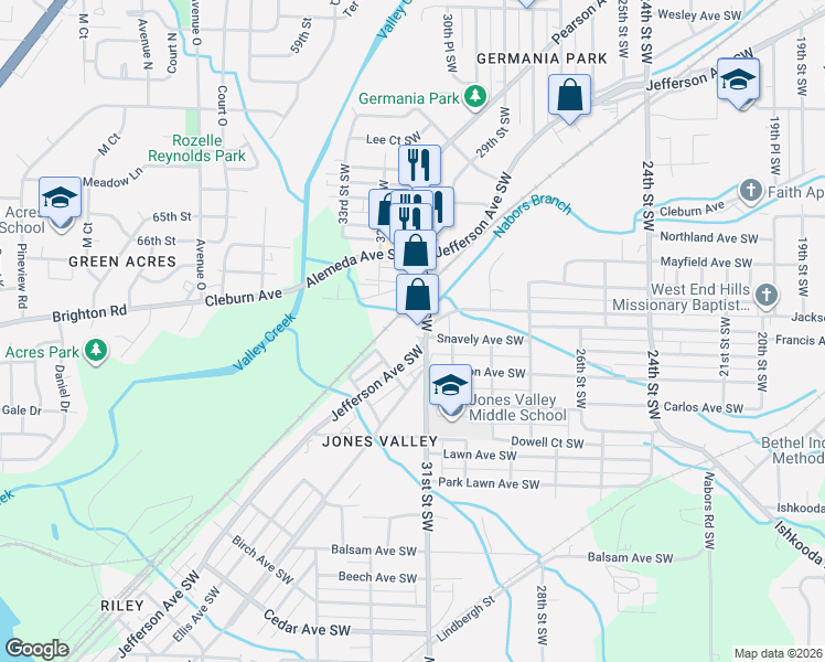 map of restaurants, bars, coffee shops, grocery stores, and more near 1720 31st Street Southwest in Birmingham