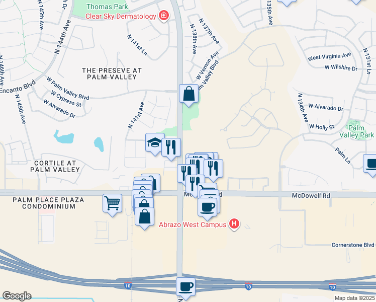 map of restaurants, bars, coffee shops, grocery stores, and more near 1891 North Litchfield Road in Goodyear