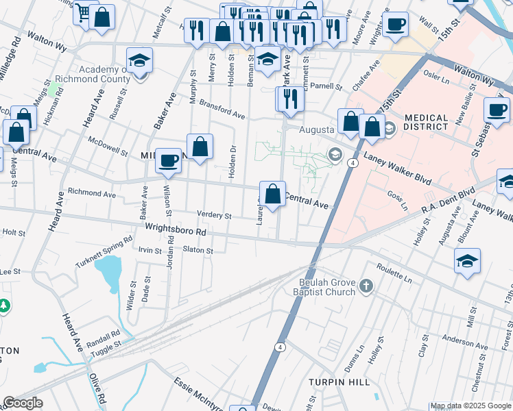map of restaurants, bars, coffee shops, grocery stores, and more near 1608 Central Avenue in Augusta