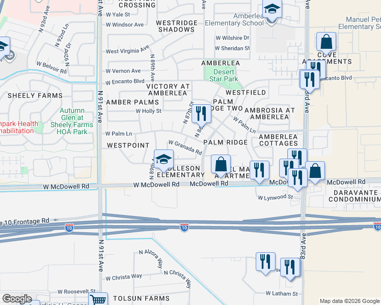 map of restaurants, bars, coffee shops, grocery stores, and more near 8714 West Granada Road in Phoenix