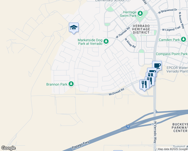 map of restaurants, bars, coffee shops, grocery stores, and more near 21176 West Granada Road in Buckeye