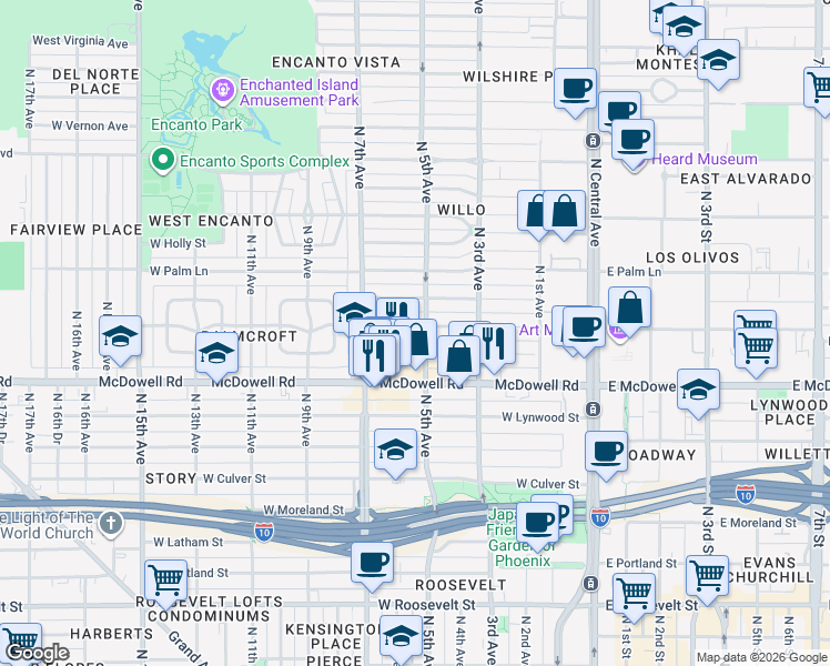 map of restaurants, bars, coffee shops, grocery stores, and more near 334 West Coronado Road in Phoenix