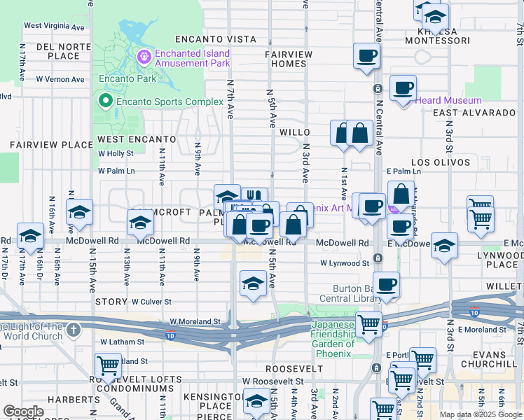 map of restaurants, bars, coffee shops, grocery stores, and more near 522 West Coronado Road in Phoenix