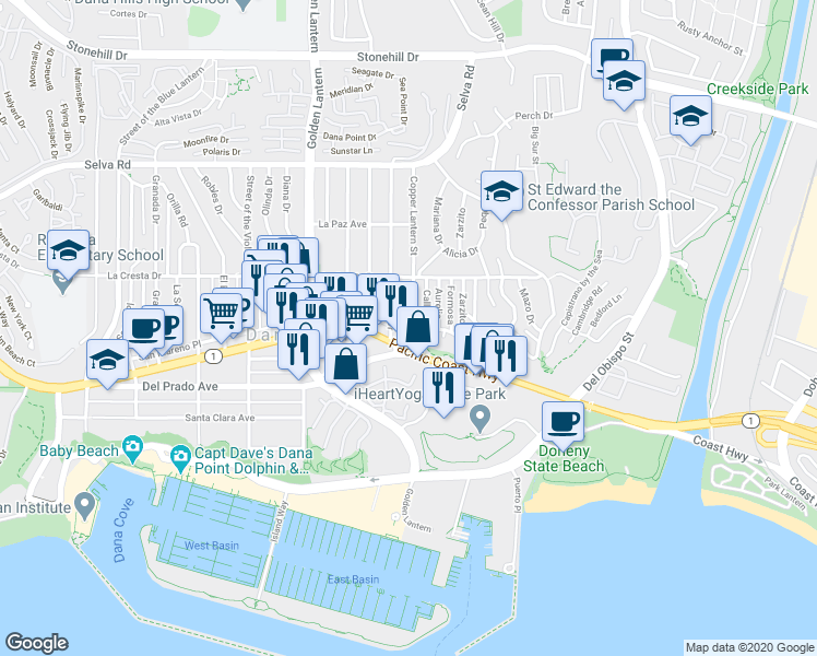 map of restaurants, bars, coffee shops, grocery stores, and more near 34121 Copper Lantern Street in Dana Point