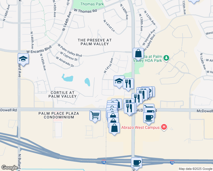map of restaurants, bars, coffee shops, grocery stores, and more near 1863 North 140th Drive in Goodyear