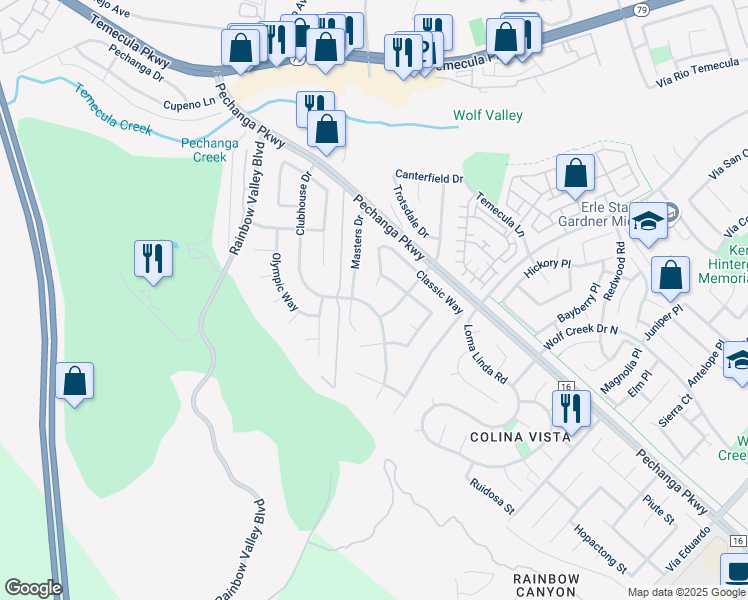 map of restaurants, bars, coffee shops, grocery stores, and more near 45626 Masters Drive in Temecula