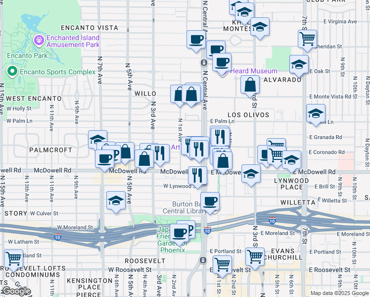 map of restaurants, bars, coffee shops, grocery stores, and more near 1717 North 1st Avenue in Phoenix