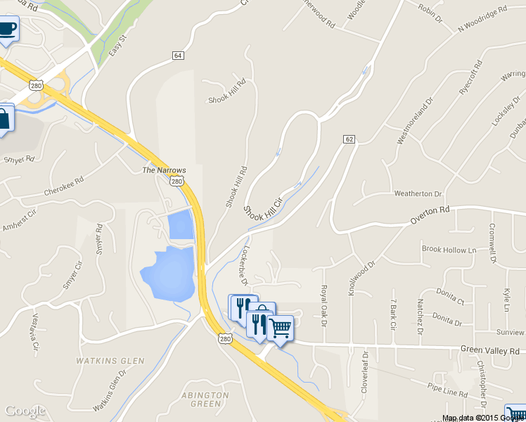 map of restaurants, bars, coffee shops, grocery stores, and more near 2821 Shook Hill Circle in Birmingham