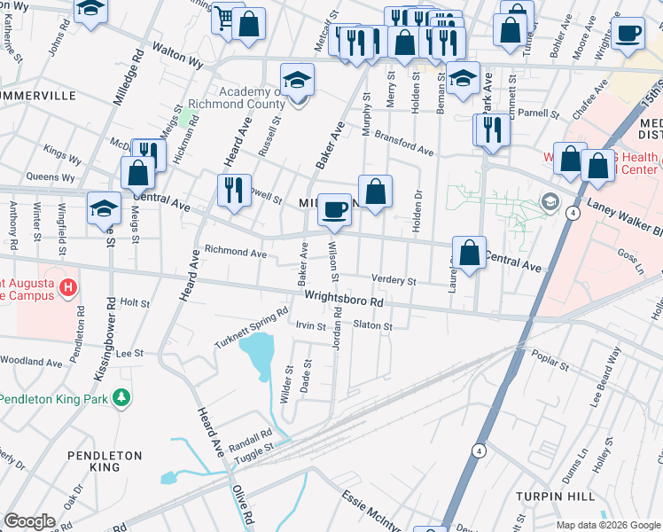 map of restaurants, bars, coffee shops, grocery stores, and more near 1306 Wilson Street in Augusta