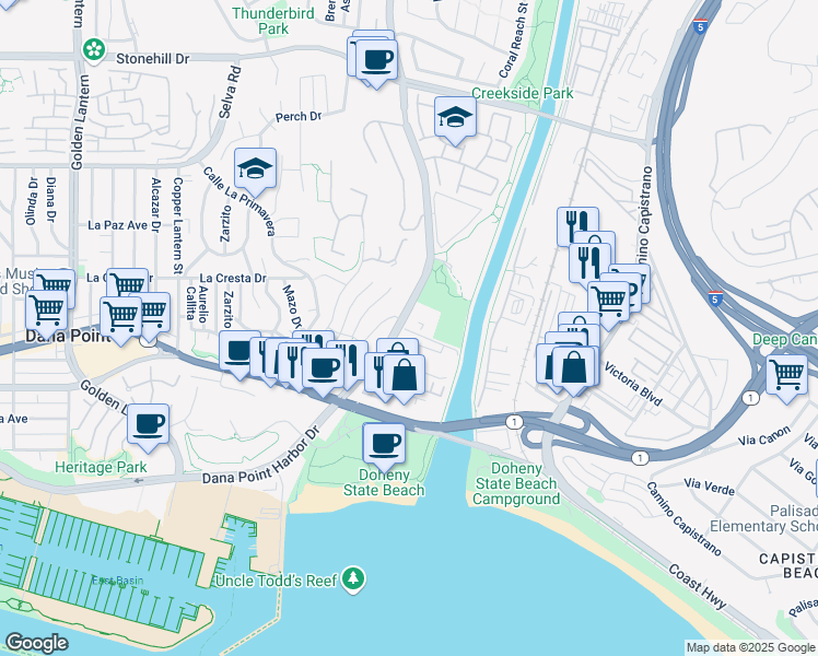 map of restaurants, bars, coffee shops, grocery stores, and more near 34052 Del Obispo Street in Dana Point