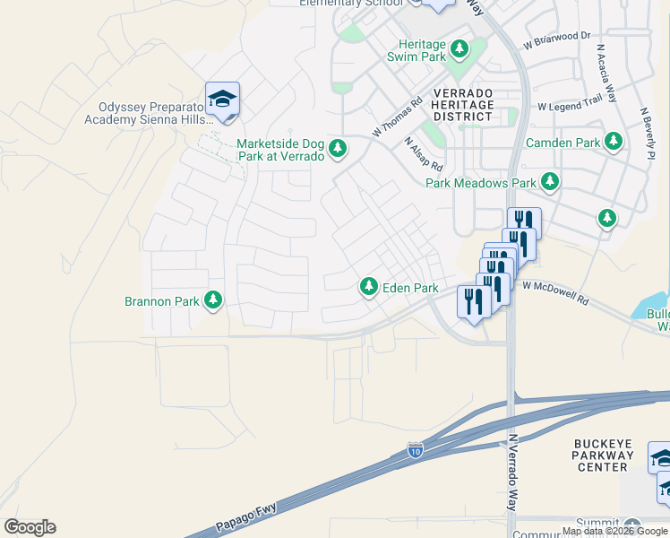map of restaurants, bars, coffee shops, grocery stores, and more near 20997 West Palm Lane in Buckeye