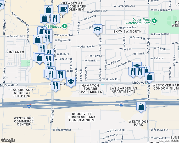 map of restaurants, bars, coffee shops, grocery stores, and more near 7134 West Berkeley Road in Phoenix