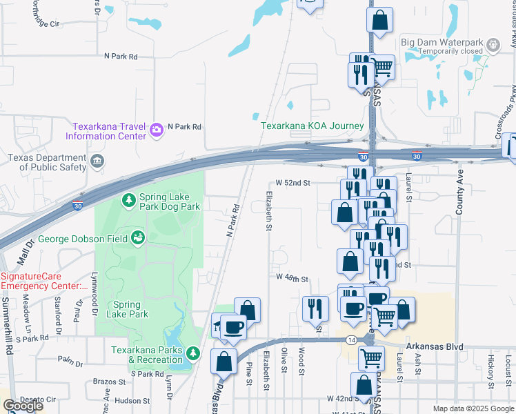 map of restaurants, bars, coffee shops, grocery stores, and more near 4925 Elizabeth Street in Texarkana