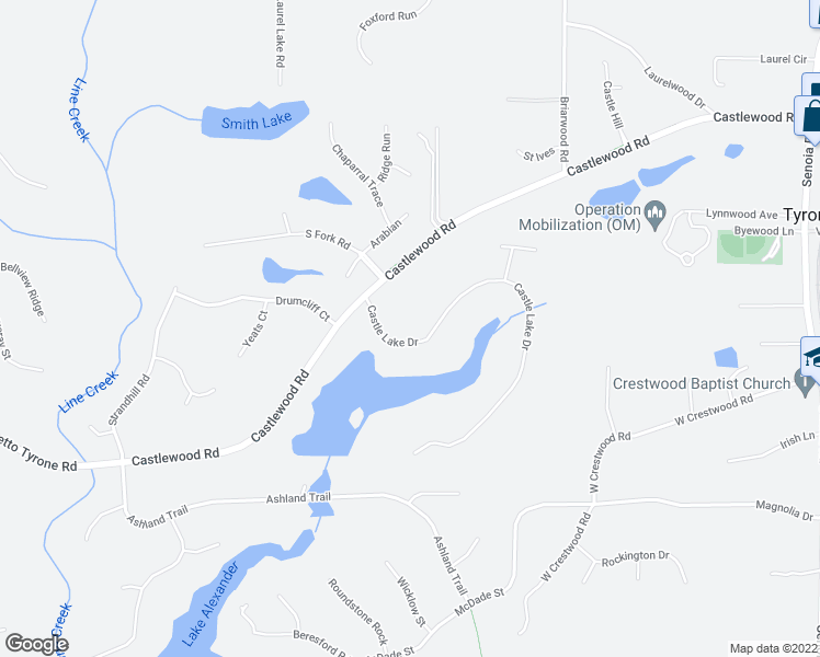 map of restaurants, bars, coffee shops, grocery stores, and more near 2020 Castle Lake Drive in Tyrone