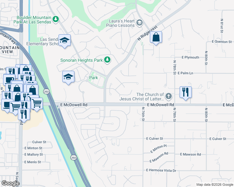 map of restaurants, bars, coffee shops, grocery stores, and more near 7417 East Odessa Street in Mesa