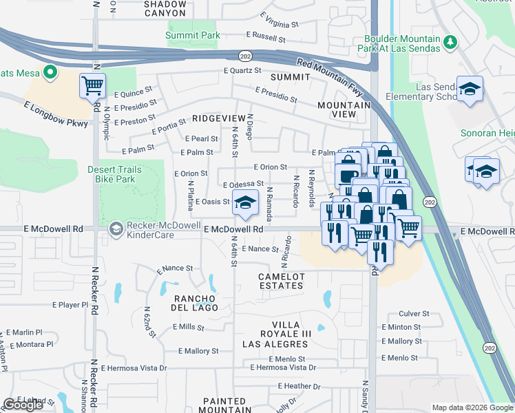 map of restaurants, bars, coffee shops, grocery stores, and more near 6437 East Odessa Street in Mesa