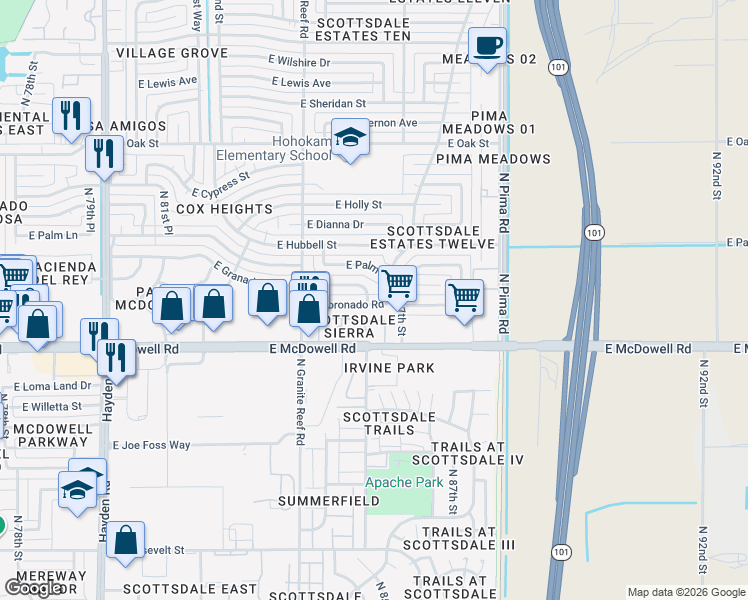 map of restaurants, bars, coffee shops, grocery stores, and more near 1652 North 87th Street in Scottsdale