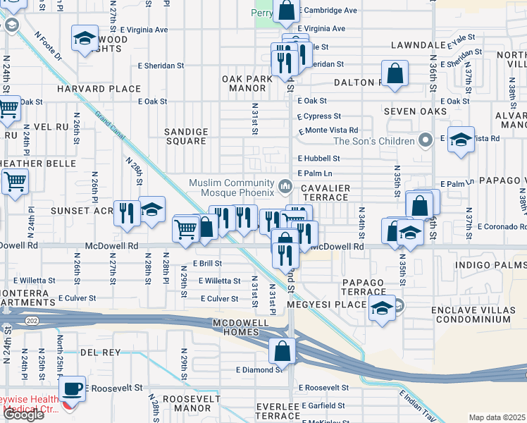 map of restaurants, bars, coffee shops, grocery stores, and more near 1809 North 32nd Street in Phoenix