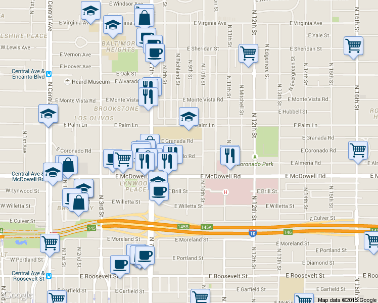 map of restaurants, bars, coffee shops, grocery stores, and more near 921 East Granada Road in Phoenix