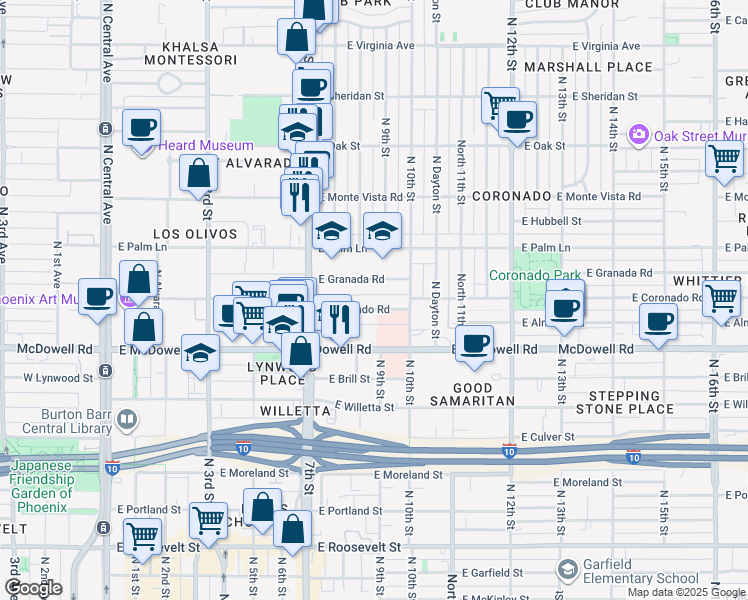 map of restaurants, bars, coffee shops, grocery stores, and more near 921 East Granada Road in Phoenix