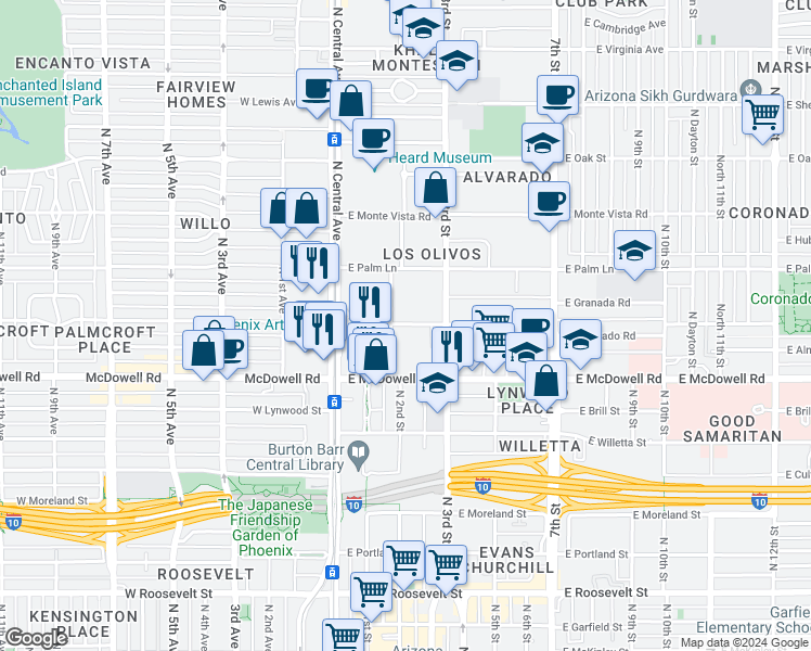 map of restaurants, bars, coffee shops, grocery stores, and more near 114 East Coronado Road in Phoenix