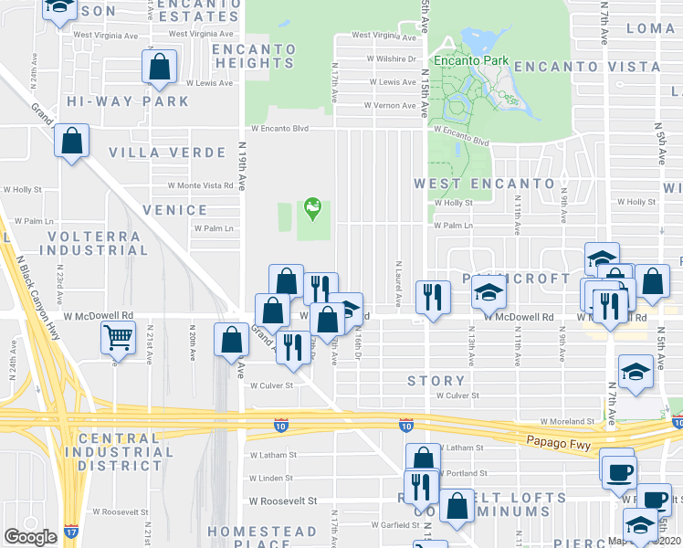 map of restaurants, bars, coffee shops, grocery stores, and more near 1810 North 17th Avenue in Phoenix