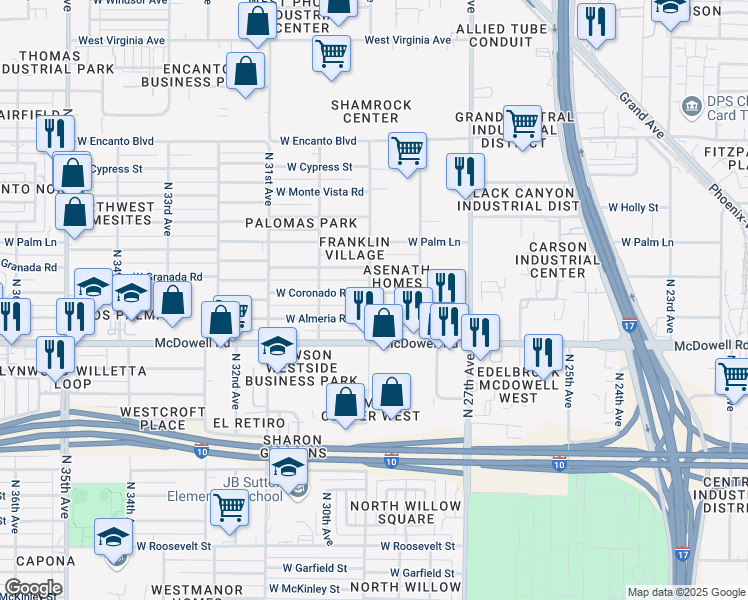 map of restaurants, bars, coffee shops, grocery stores, and more near 2908 West Coronado Road in Phoenix