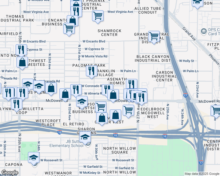 map of restaurants, bars, coffee shops, grocery stores, and more near 2908 West Coronado Road in Phoenix