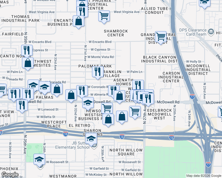map of restaurants, bars, coffee shops, grocery stores, and more near 2908 West Coronado Road in Phoenix