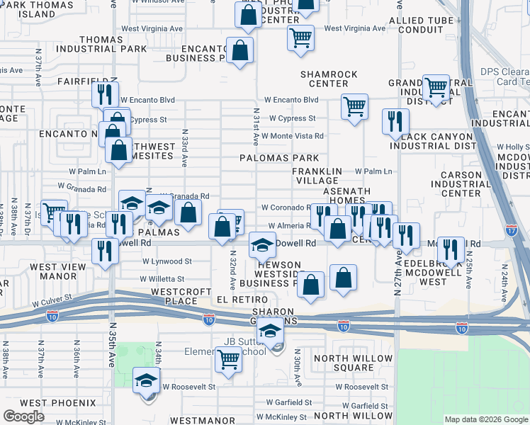map of restaurants, bars, coffee shops, grocery stores, and more near 3034 West Coronado Road in Phoenix