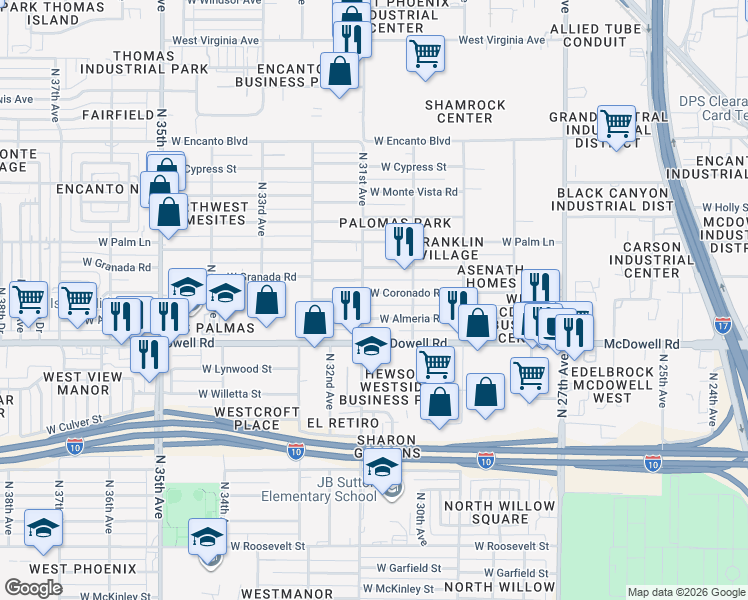 map of restaurants, bars, coffee shops, grocery stores, and more near 3034 West Coronado Road in Phoenix