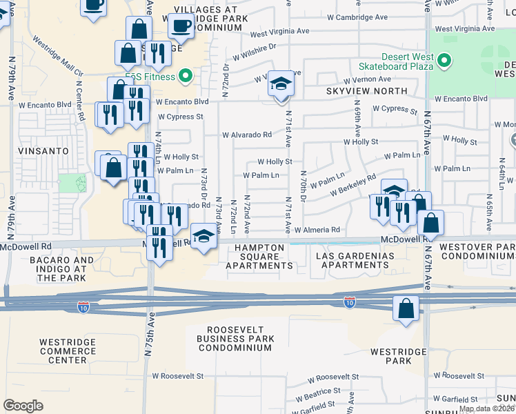 map of restaurants, bars, coffee shops, grocery stores, and more near 7134 West Berkeley Road in Phoenix