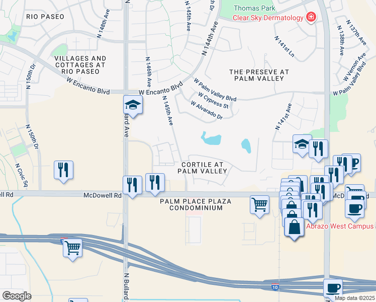 map of restaurants, bars, coffee shops, grocery stores, and more near 14482 West Coronado Road in Goodyear