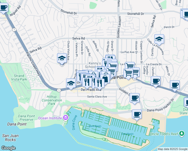 map of restaurants, bars, coffee shops, grocery stores, and more near 34072 Street of the Amber Lantern in Dana Point